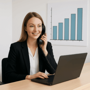 Receptionist i lys receptionsskranke med computer, telefon og diagram over lønniveauer i Danmark