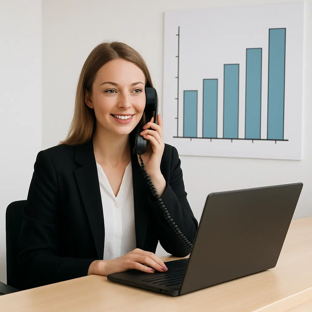 Receptionist i lys receptionsskranke med computer, telefon og diagram over lønniveauer i Danmark