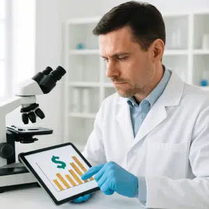 Retsmediciner vurderer løn på tablet ved mikroskop i lyst laboratorium