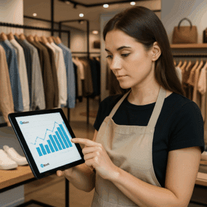 Salgsassistent vurderer lønstatistikker og bonusmuligheder på tablet i moderne detailbutik