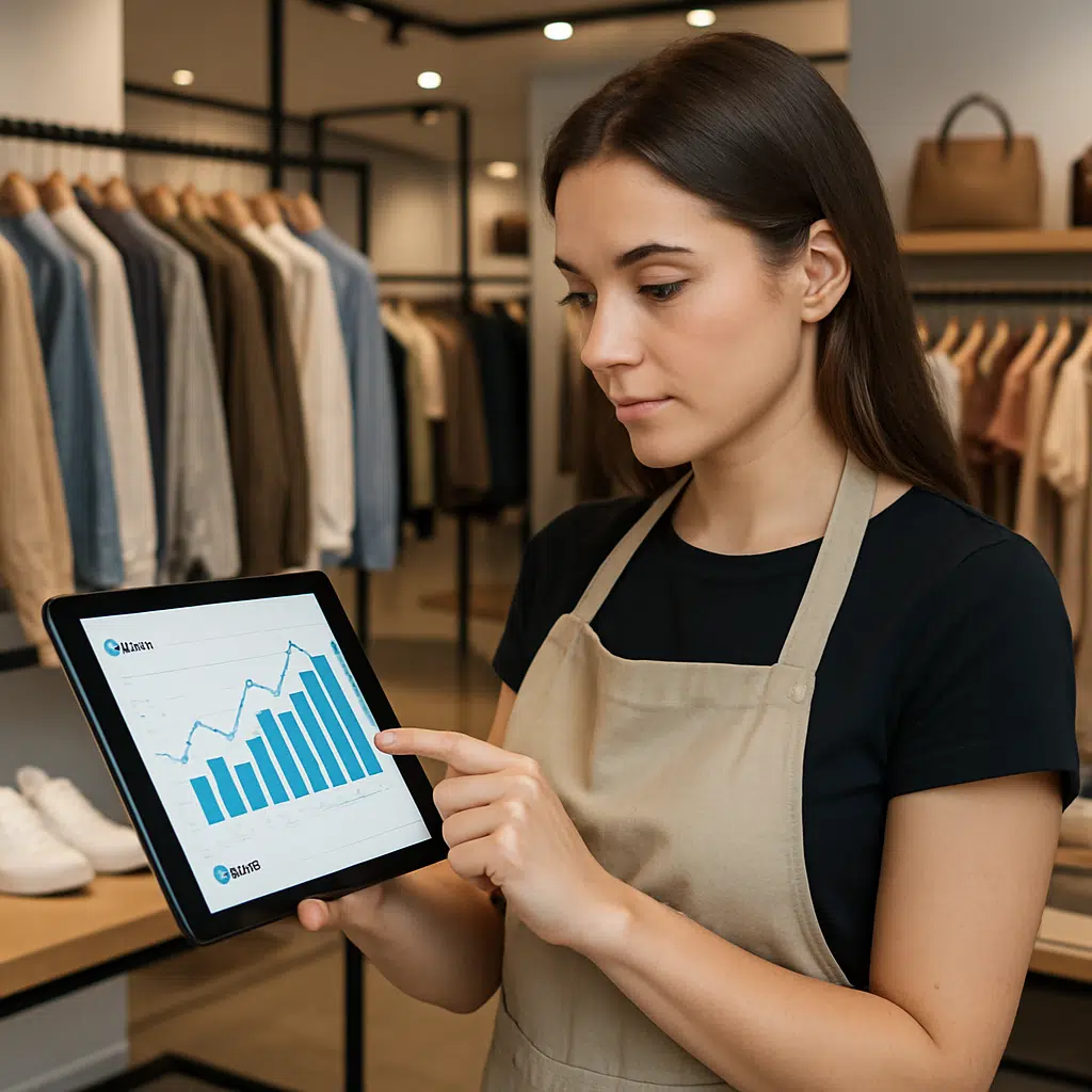 Salgsassistent vurderer lønstatistikker og bonusmuligheder på tablet i moderne detailbutik