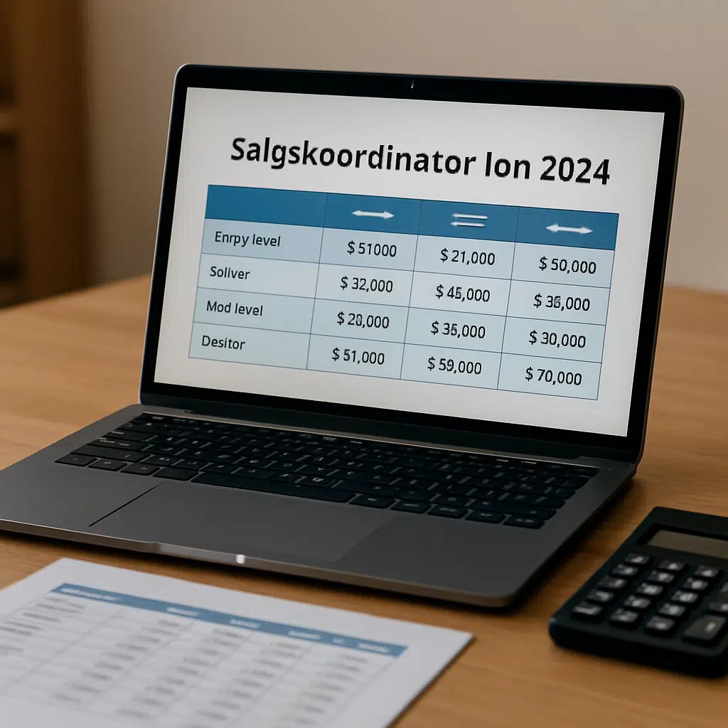 Salgskoordinator løn i 2024 vist på laptop-skærm med løntabeller og kalkulator ved skrivebordet