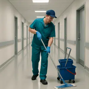 Sanitør i arbejdstøj vasker gulvet i hospitalets lange gang med moppe og spand.
