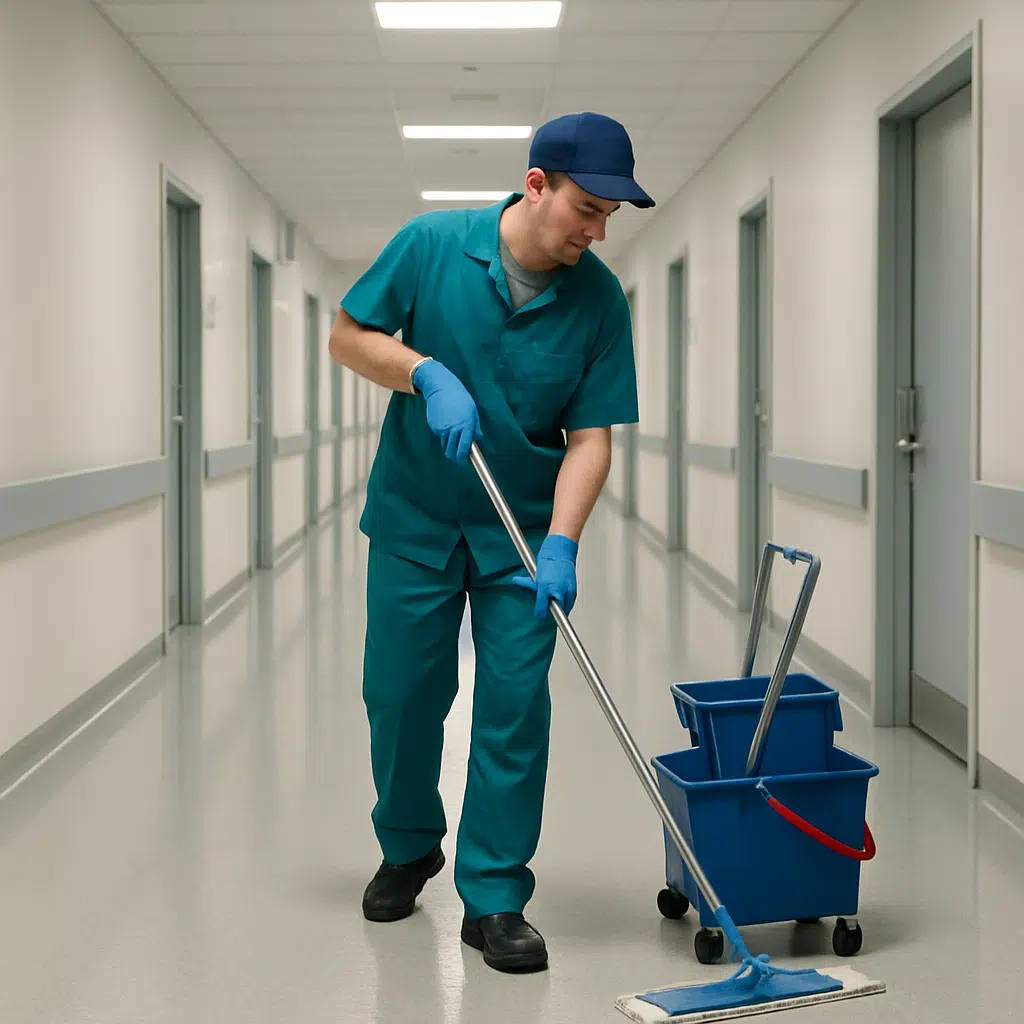 Sanitør i arbejdstøj vasker gulvet i hospitalets lange gang med moppe og spand.