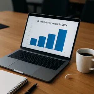Laptop på mødebord med søjlediagram over gennemsnitlig scrum master løn i 2024, omgivet af notesblok, pen og kaffekop.