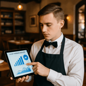 Serviceassistent i dansk restaurant iført uniform, der gennemgår lønstatistik for 2024 på en tablet.