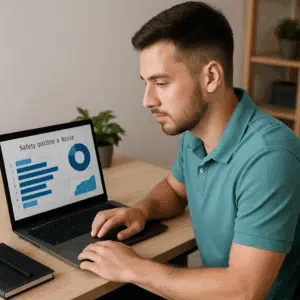 Serviceøkonom ved skrivebord gennemgår lønstatistik for 2024 på laptop med grafer over branchegennemsnit.