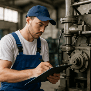 Servicetekniker i blå overalls inspicerer industrielt maskineri i værksted – symbol på servicetekniker løn 2023 og karrieretips