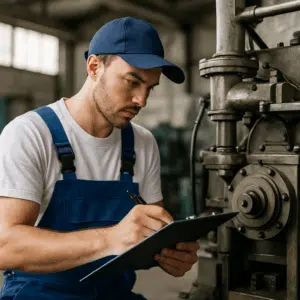 Servicetekniker i blå overalls inspicerer industrielt maskineri i værksted – symbol på servicetekniker løn 2023 og karrieretips