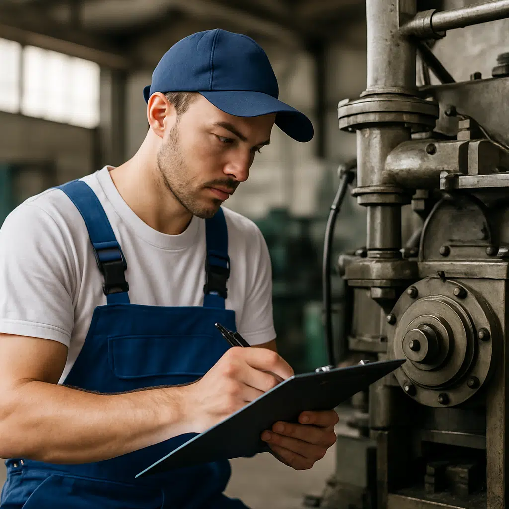 Servicetekniker i blå overalls inspicerer industrielt maskineri i værksted – symbol på servicetekniker løn 2023 og karrieretips