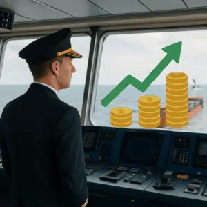 Skibsfører på fragtskibsbro med løngrafik og mønter, der illustrerer lønforhøjelse i 2024