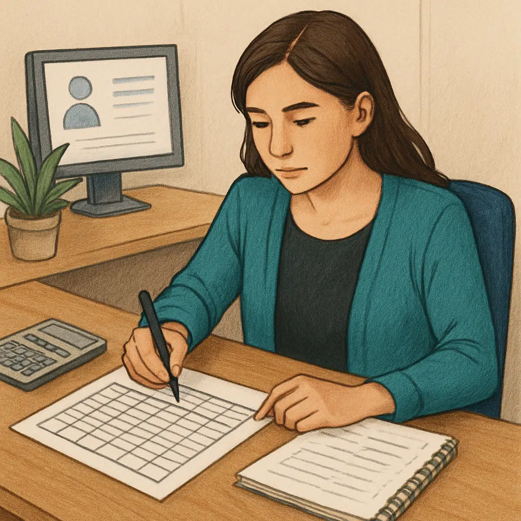 Socialrådgiver løn illustreret ved person ved skrivebord med løntabel, pen og notater til forhandling.