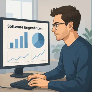 Softwareingeniør ved computer med grafer, der illustrerer løn i Danmark 2024