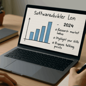 Softwareudvikler løn på laptop med diagram over gennemsnitsløn og noter til forhandlingstips for 2024