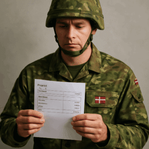 Dansk soldat i uniform og hjelm holder et løndokument, symboliserer soldat løn 2024 inkl. grundløn og tillæg