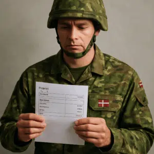 Dansk soldat i uniform og hjelm holder et løndokument, symboliserer soldat løn 2024 inkl. grundløn og tillæg