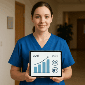 Sosu-assistent i blåt arbejdstøj holder tablet med grafik over gennemsnitlig løn, startløn og fordele for 2024.