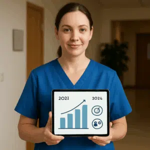 Sosu-assistent i blåt arbejdstøj holder tablet med grafik over gennemsnitlig løn, startløn og fordele for 2024.