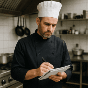 Souschef i professionelt køkken med notesblok, forbereder lønforhandling om gennemsnitlig souschef-løn i 2024