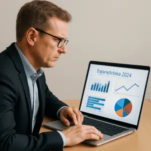 Specialkonsulent gennemgår lønstatistikker for 2024 på en bærbar computer med grafer og diagrammer