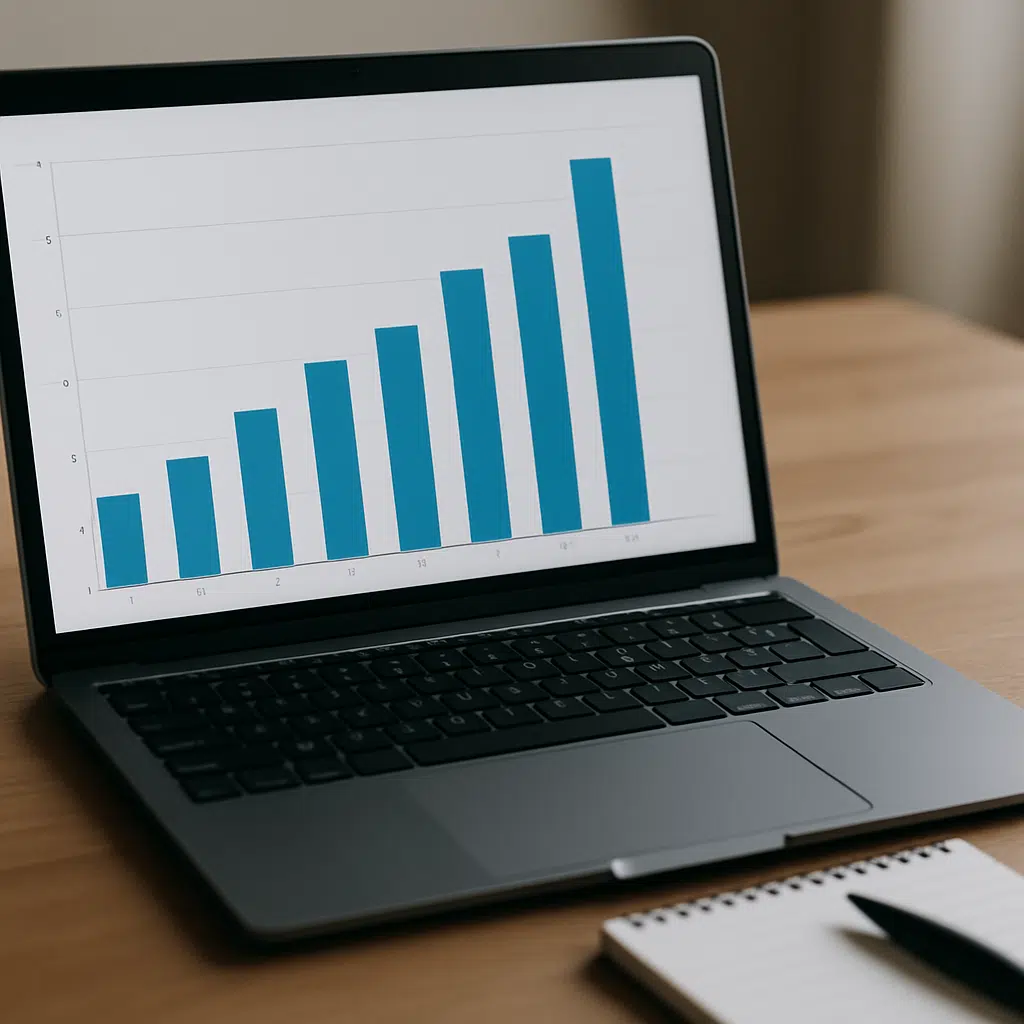 Specialkonsulent gennemgår lønstatistikker for 2024 på en bærbar computer med grafer og diagrammer