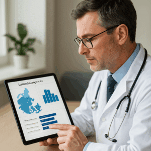 Speciallæge analyserer lønstatistik for 2024 på en tablet med diagrammer over regionale lønfordelinger og forhandlingstips