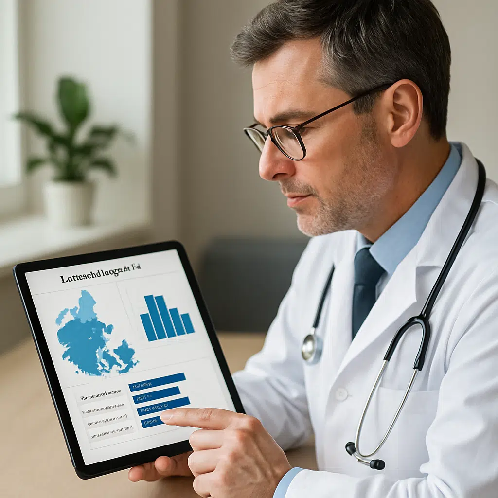 Speciallæge analyserer lønstatistik for 2024 på en tablet med diagrammer over regionale lønfordelinger og forhandlingstips