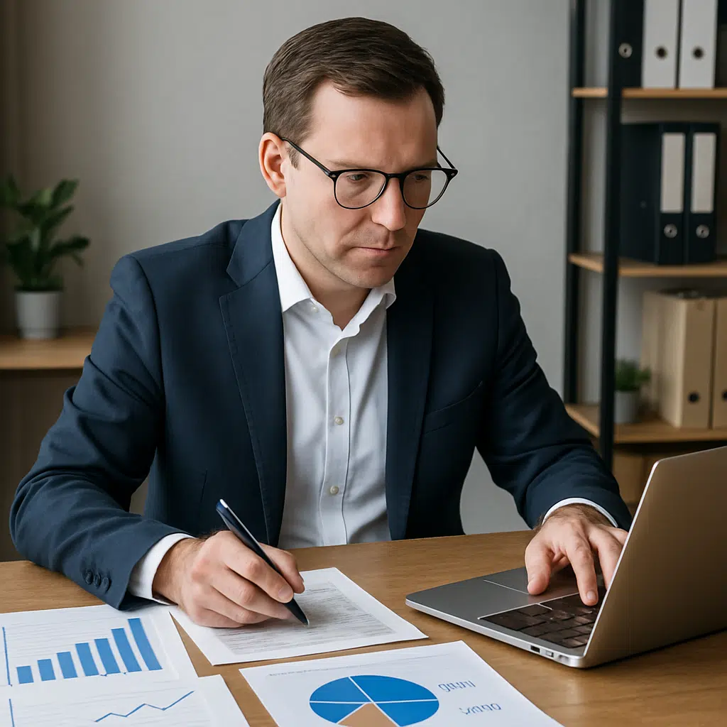 Statsautoriseret revisor ved skrivebord med laptop, diagrammer og dokumenter om løn og bonus