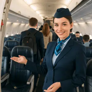 Stewardesse i uniform byder passagerer velkommen ombord, symboliserer stewardesse løn og karrieremuligheder i 2024.