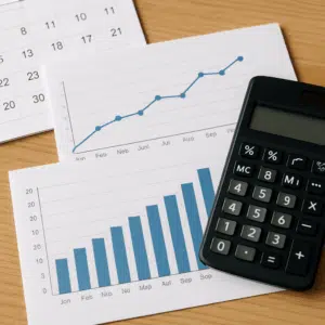 Nærbillede af grafer, kalender og lommeregner, der illustrerer sundhedsadministrativ koordinator løn i 2024 med statistiske gennemsnit