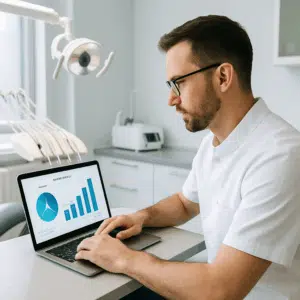 Tandlæge i moderne klinik gennemgår lønstatistik på laptop som illustration af tandlæge løn i 2024