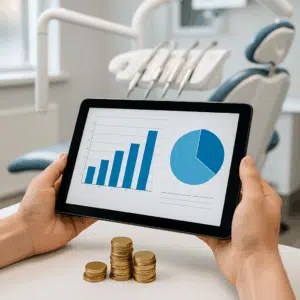 Tandplejer lønstatistik på tablet i en tandklinik med diagrammer og mønter på bordet, der illustrerer lønniveau og tillæg.