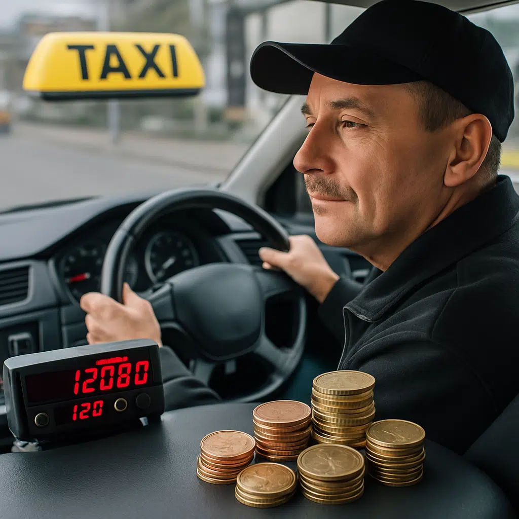 Taxachauffør bag rattet i en taxi med synligt taksameter og mønter, der illustrerer taxachauffør løn 2024.