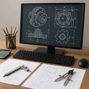 Computer med CAD-skærm, tekniske skitser og måleværktøj på skrivebordet som viser en teknisk designers arbejdsstation.