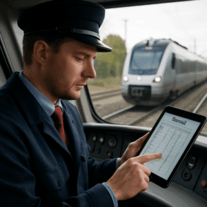 Togfører i førerhuset tjekker lønoplysninger på tablet med tog og skinner i baggrunden.
