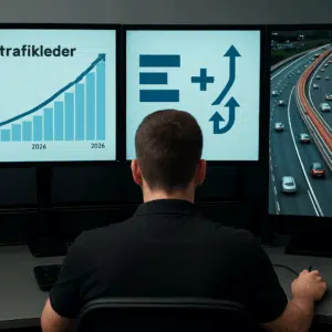 Trafikleder i kontrolcenter foran skærme med grafer, der viser trafikleder løn, tillæg og karriereveje for 2024