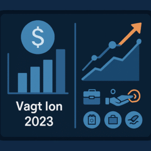 Digital skærm med grafer og ikoner, der viser vagt løn 2023-satser og tips til højere indtjening
