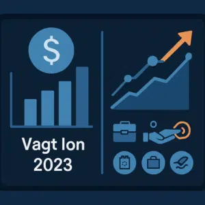 Digital skærm med grafer og ikoner, der viser vagt løn 2023-satser og tips til højere indtjening