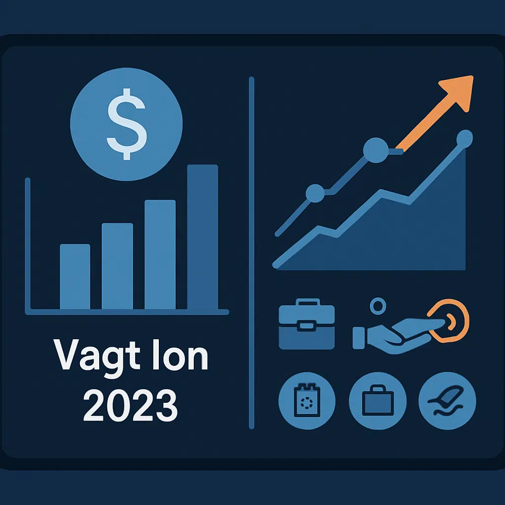 Digital skærm med grafer og ikoner, der viser vagt løn 2023-satser og tips til højere indtjening