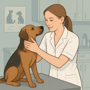 Veterinærsygeplejerske i hvid kittel undersøger hund på klinikbord – illustrerer veterinærsygeplejerske løn og forhandling