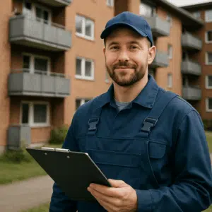 Vicevært i arbejdstøj med clipboard foran boligblok, visualiserer vicevært løn og karrieretips 2024