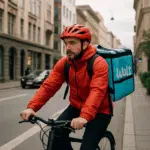 Wolt-bud på cykel iført rød jakke og hjelm, der leverer mad i bymiljø, illustrerer Wolt bud løn og indtjening i 2024.
