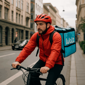 Wolt-bud på cykel iført rød jakke og hjelm, der leverer mad i bymiljø, illustrerer Wolt bud løn og indtjening i 2024.