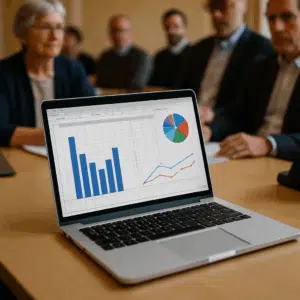 Laptop og regneark med grafer over menighedsråd løn 2024 ved menighedsrådsmøde
