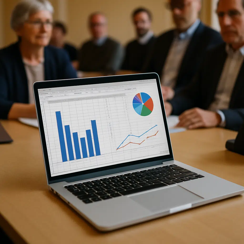 Laptop og regneark med grafer over menighedsråd løn 2024 ved menighedsrådsmøde