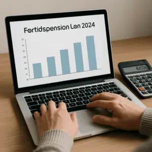 Person beregner sin førtidspension løn 2024 på laptop med diagram over satser og kalkulator ved siden af