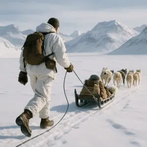 Sirius Patruljen-soldat trækker hundeslæde i arktisk landskab – symbol på Sirius Patruljen løn