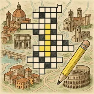 Illustration af kort over italiensk by med krydsordstema og blyant, der fremhæver bynavne