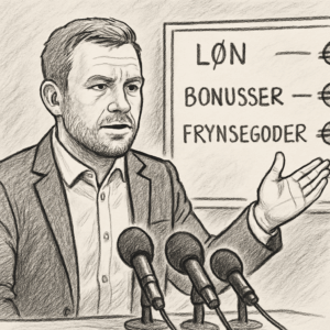 Jacob Neestrup som klubchef til pressemøde foran tavle med økonomioplysninger om løn, bonusser og frynsegoder.