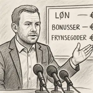 Jacob Neestrup som klubchef til pressemøde foran tavle med økonomioplysninger om løn, bonusser og frynsegoder.